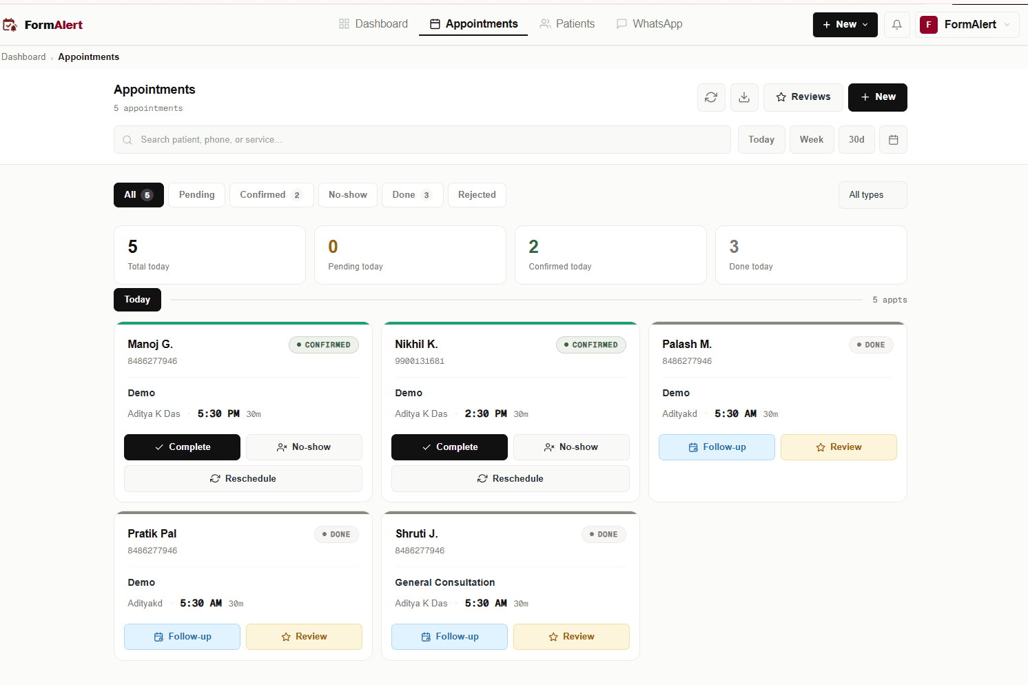 Today's appointments list in the FormAlert dashboard — walk-in, WhatsApp and online bookings in one queue with tokens