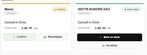 Two appointment cards in the FormAlert dashboard: one pending with Confirm and Reschedule, one confirmed with buttons to mark it as done or record a no-show